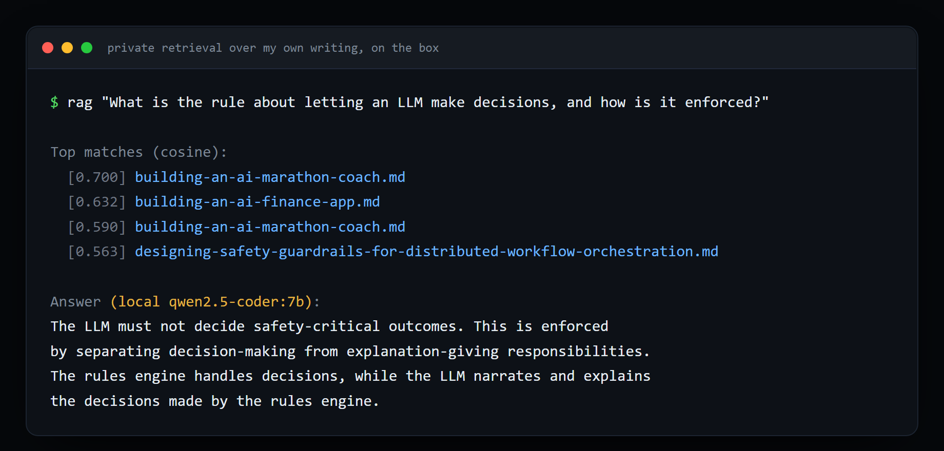 A local RAG query answered from my own blog posts, with the sources it used